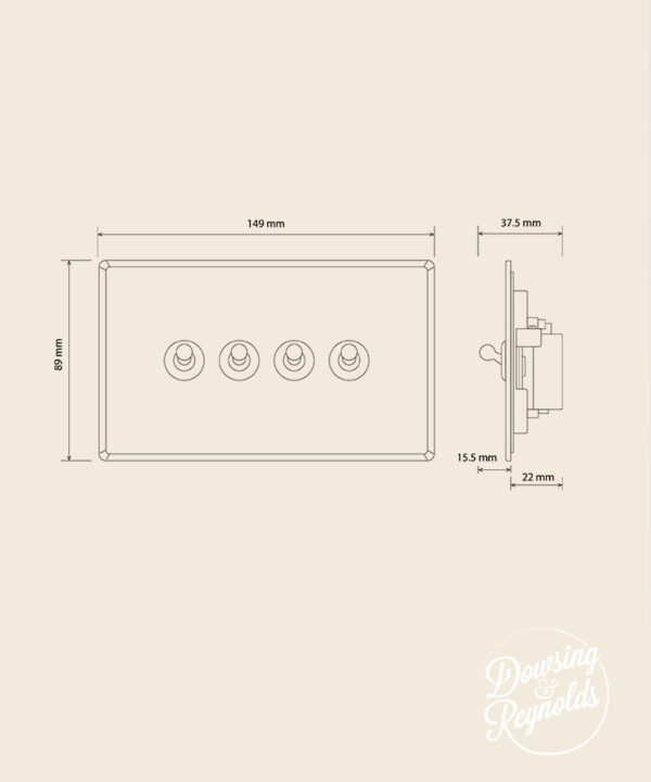 line drawing of a quadruple toggle light switch with dimensions