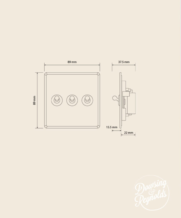 line drawing of a triple toggle light switch with dimensions