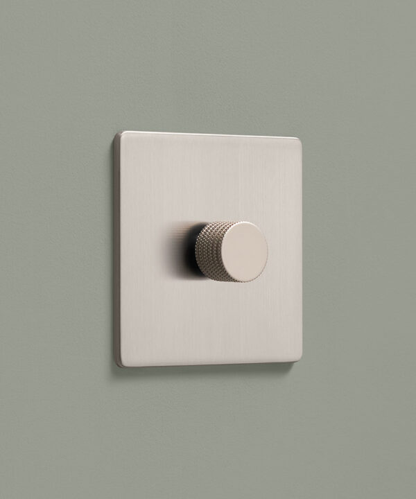 brushed silver single one gang dimmer light switch with silver knurled knob