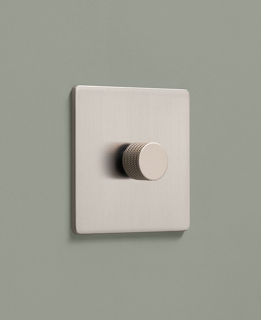 brushed silver single one gang dimmer light switch with silver knurled knob