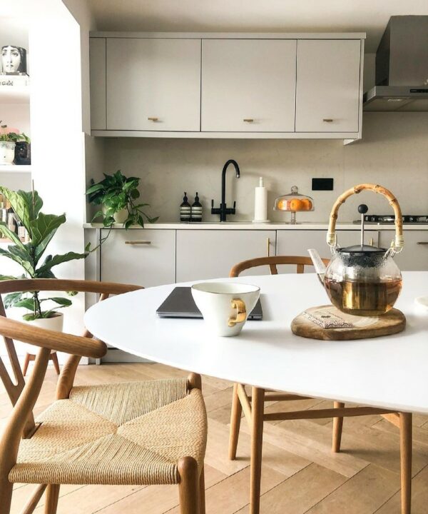 gold skyscraper tbar handle on white cupboards in a neutral kitchen