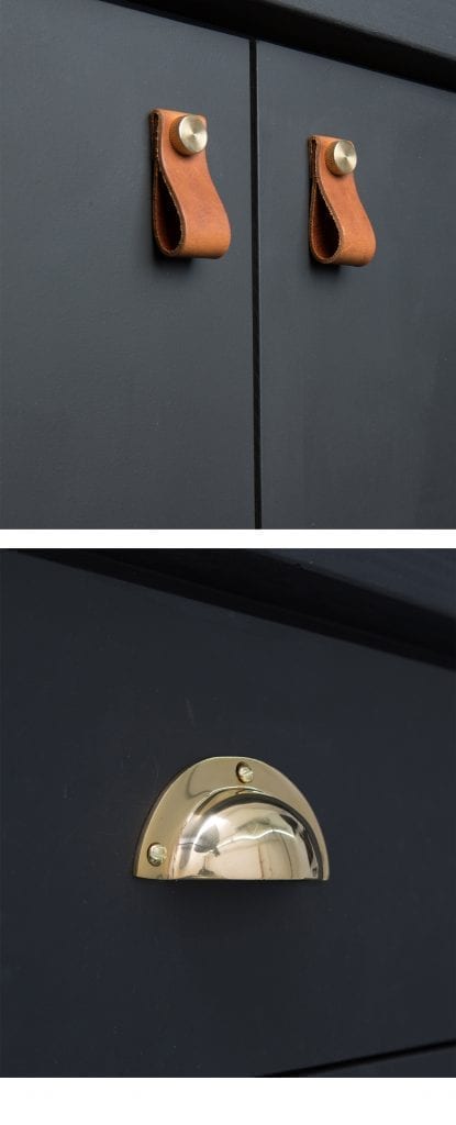 brown magni door handles with brass knobs and croft cup handle in brass