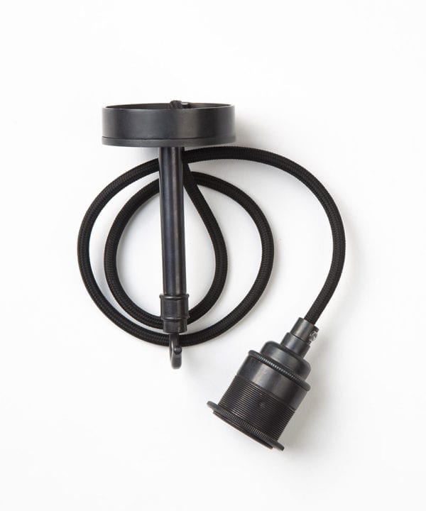 black angler wall light with black fabric cable flay lay on white background