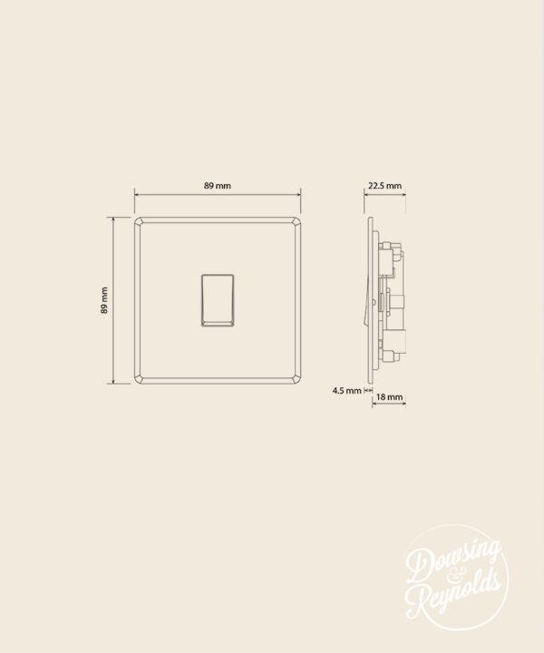 line drawing of a single rocker light switch with dimensions