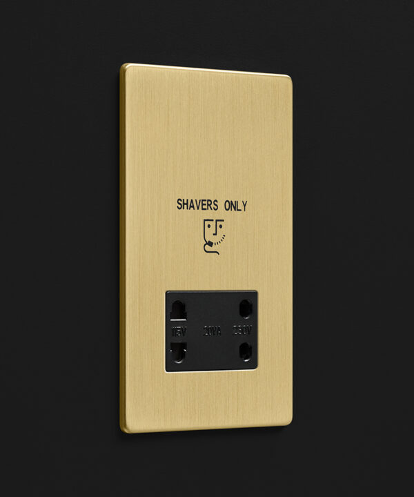 brushed gold brass shaver socket photographed on a black painted wall
