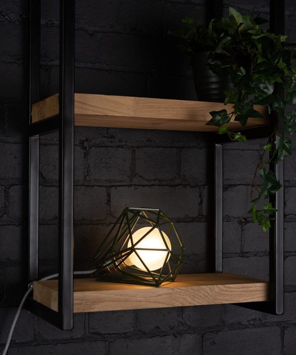 Green cage shade table lamp on wooden shelf with frosted bulb switched on