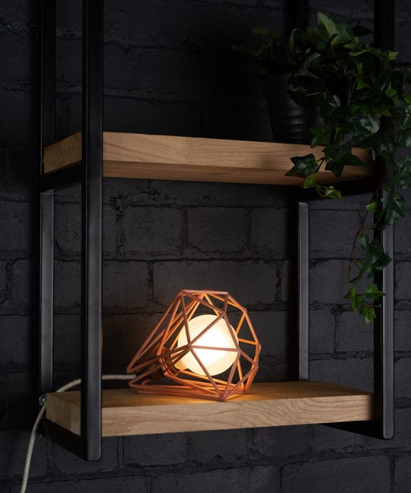 Pink cage shade table lamp on wooden shelf with frosted bulb switched on