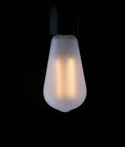 frosted pear squirrel cage filament bulb with a warm glow against a black background