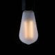 frosted pear squirrel cage filament bulb with a warm glow against a black background