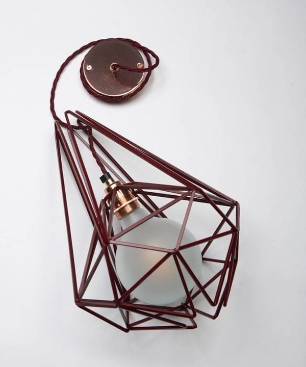 large hibiscus metal light shade with copper bulb holder frosted bulb red fabric cable and copper ceiling rose on white background