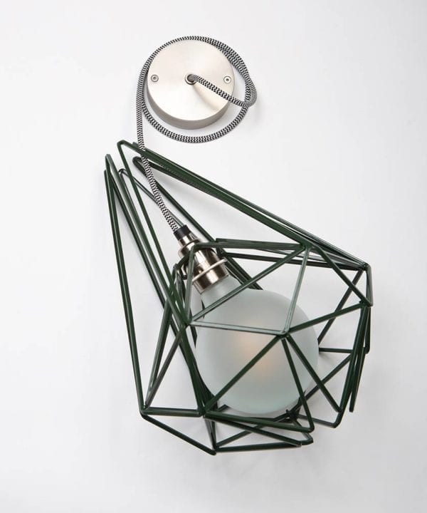 large matcha metal cage light with silver bulb holder frosted bulb black & white fabric cable and silver ceiling rose on white background