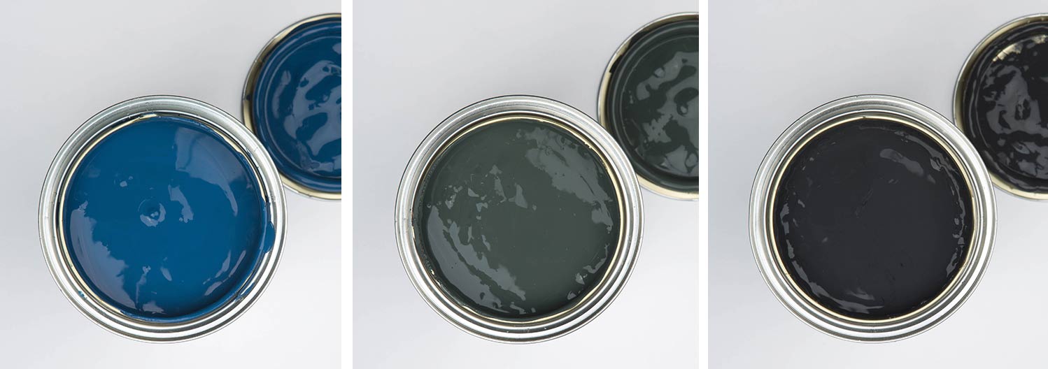 collage of three paint tins; spruce things up dark green paint, all the lights off black paint and in deep water blue paint