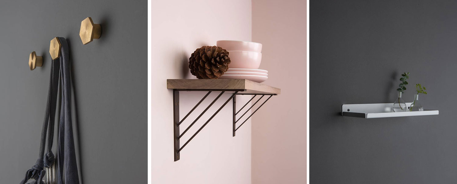 trio of images; gold bauhaus handles, ingrid shelf brackets and oolong metal shelf