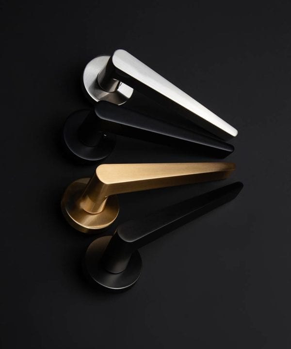 hepworth contemporary door handles group shot with black, grpahite, gold and silver handles on black background
