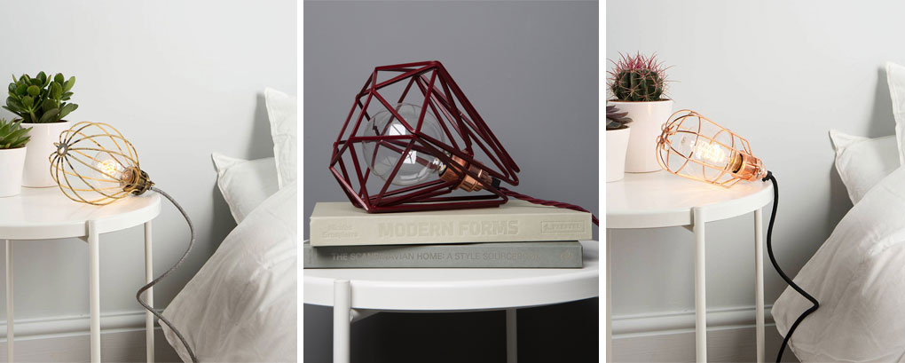 collage of table lamps; smoked gold ballooon lamp, hibiscus geometric cage lamp and copper cage light shade