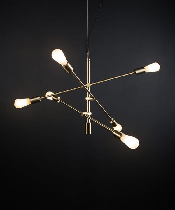 brass feature pendant lights with five frosted pear bulbs against black background
