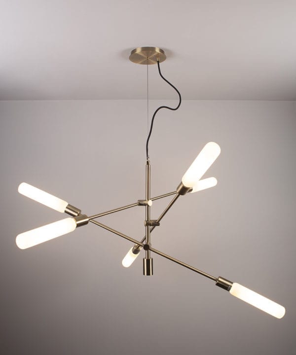 brass modern chandelier with luna opal bulbs