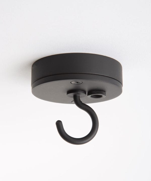Small black ceiling rose with c shaped hook against white background