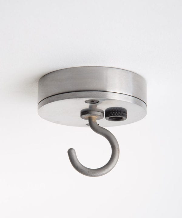 Raw steel ceiling rose with c shaped hook against white background