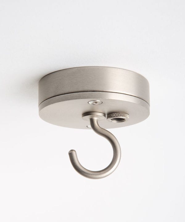 Small silver ceiling rose with c shaped hook against white background
