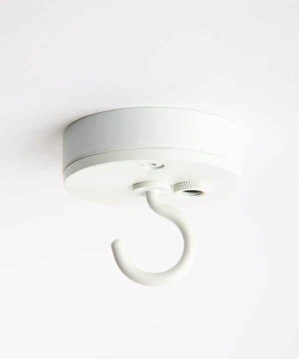 Small white ceiling rose with c shaped hook against white background