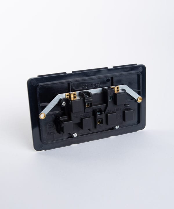back view of 2 gang unswitched wall socket back plate against white background