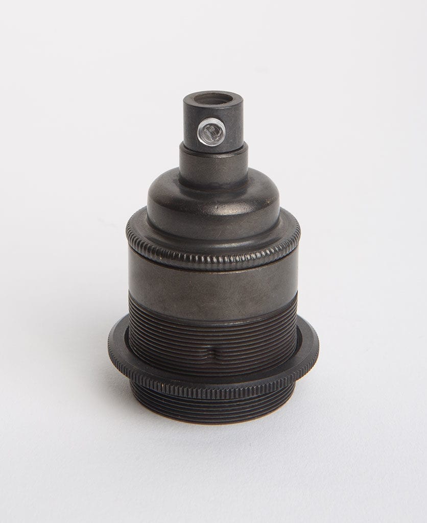 antique black threaded e27 bulb holder against grey background