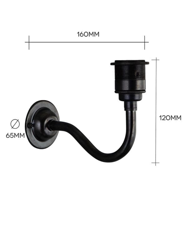 bramley antique black wall light against white background with dimensions