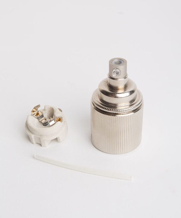 forgotten silver e27 ribbed lamp holder with porcelain insert against white background