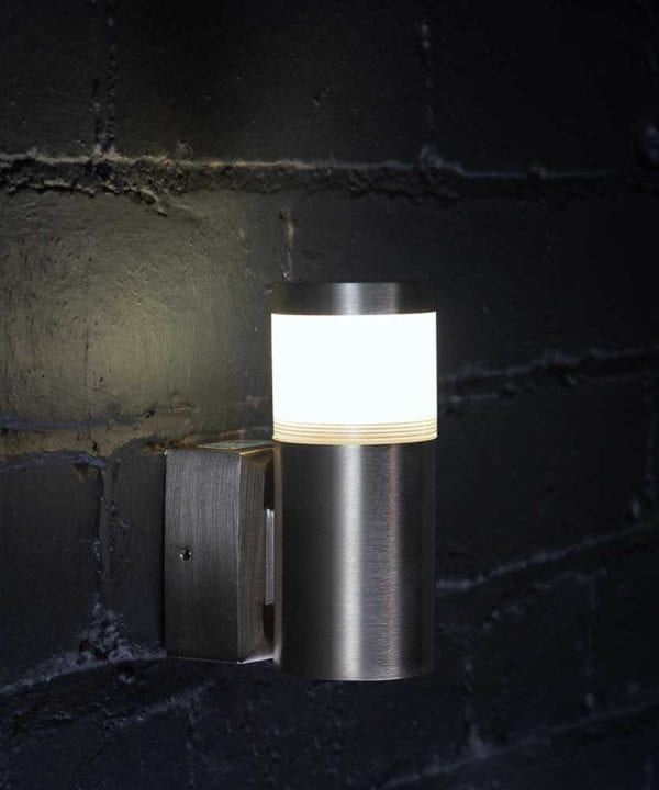 outdoor wall light pegasi silver against black brick wall