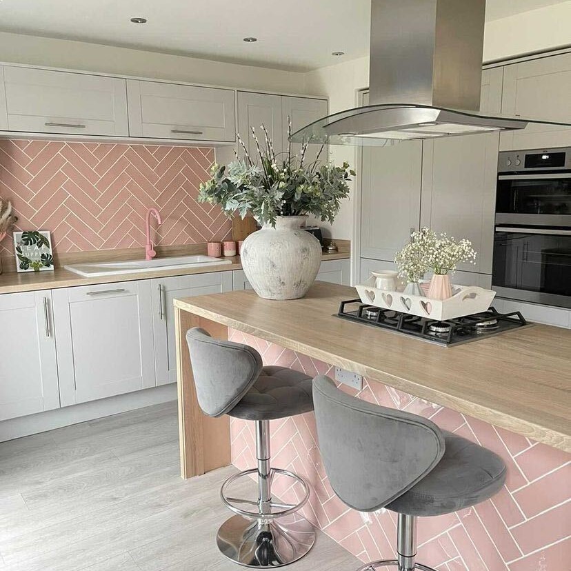 Pink and grey kitchen