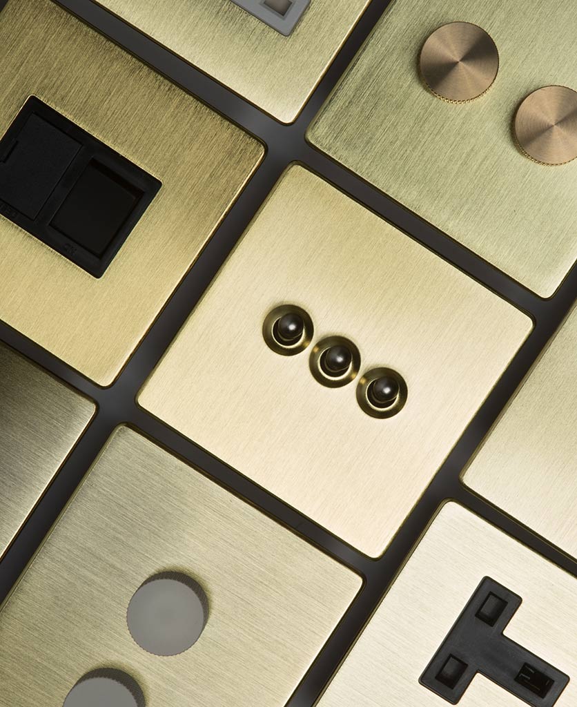 group shot of gold switches and sockets