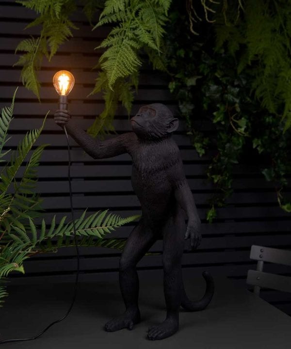 Buddy standing monkey black resin monkey table lamp holding light bulb against balck fencing