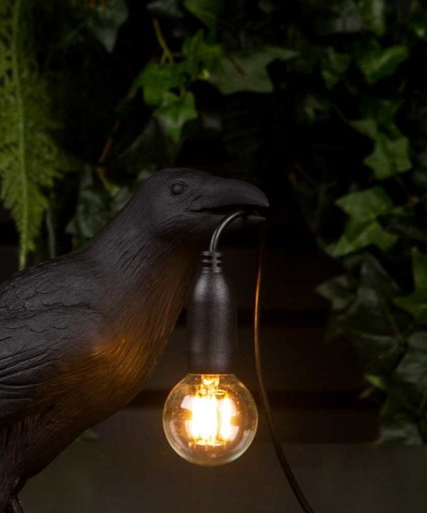 Close Up of Daphne Waiting raven black resin bird lamp holding bulb on black background with artificial plants