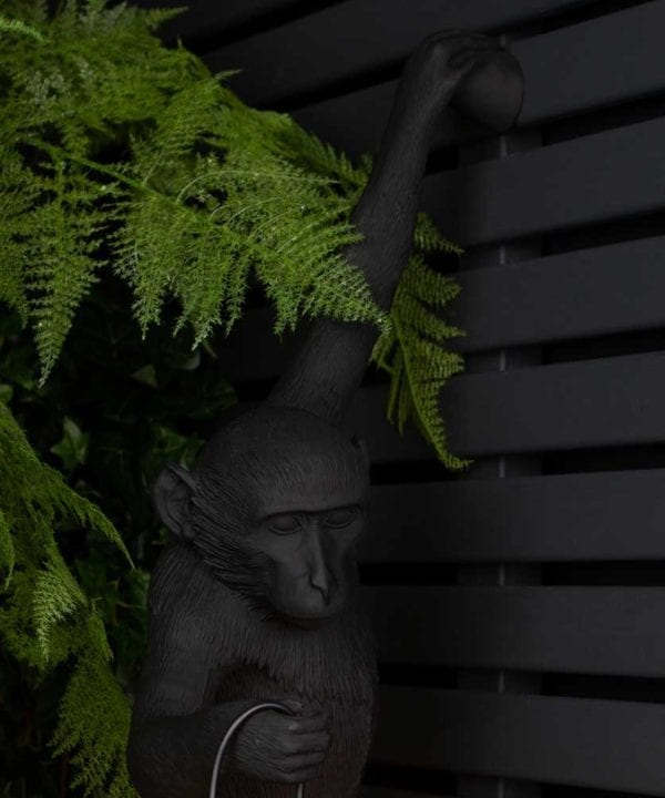 closeup of animal light louie outdoor monkey light suspended against black fencing