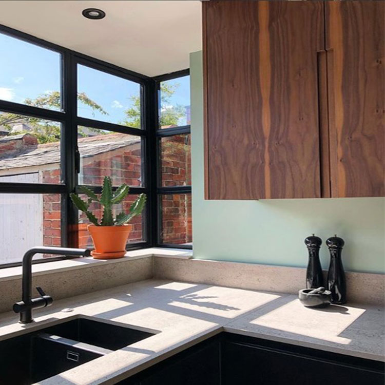 neo mint kitchen with crittal style windows and dark wood cupboards