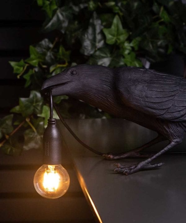 Close up of Alfred playing raven black resin table lamp holding bulb