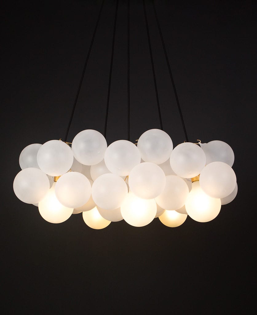 bubble light chandelier with 40 frosted glass orbs and gold bulbholders