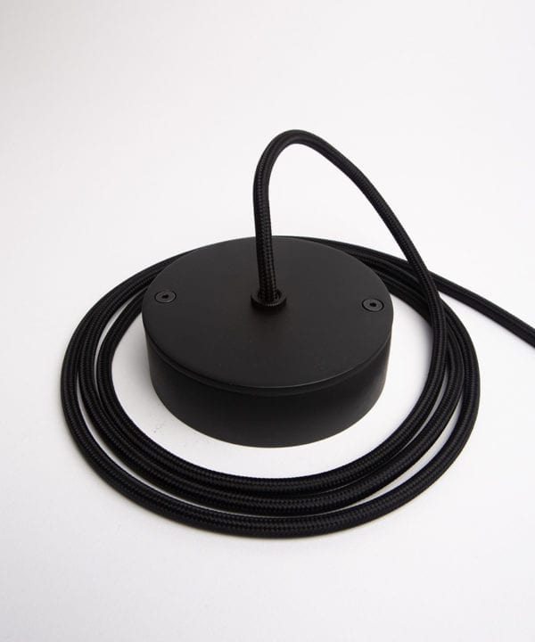 black ceiling rose with black fabric cable on white background