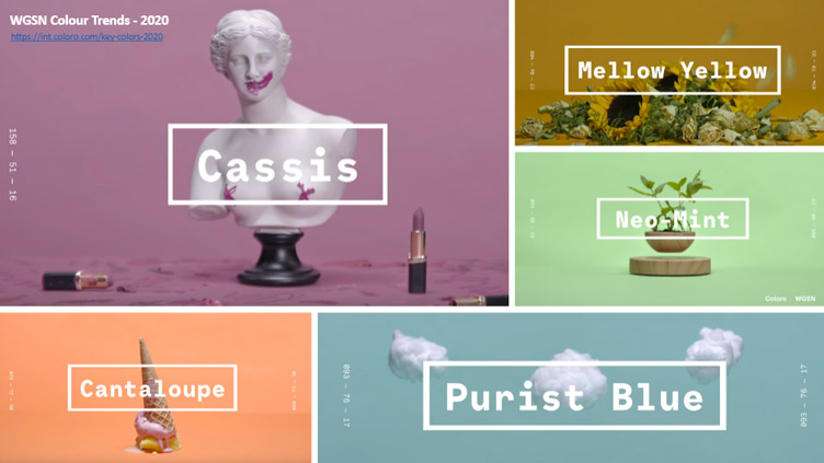 colour trend titbits for 2020; cassis, mellow yellow, neo mint, purist blue and cantaloupe