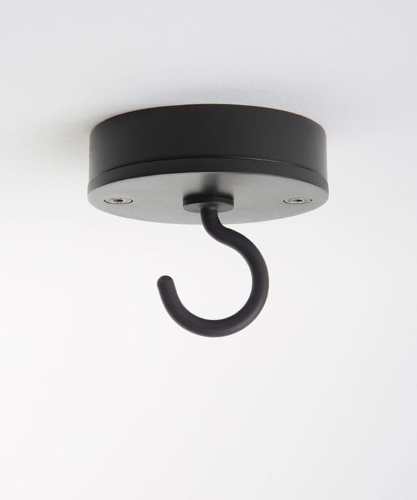 black ceiling hook against white background