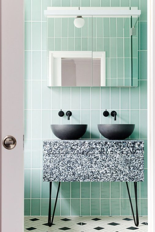 colourful taps, black tap in neo mint bathroom