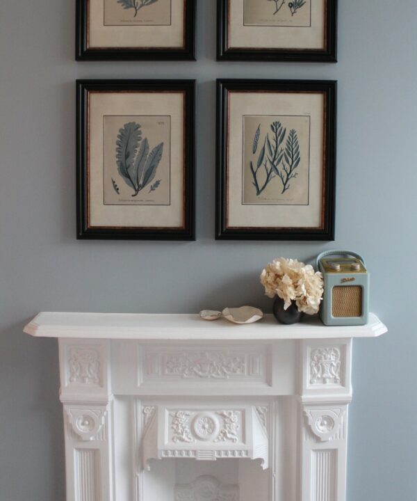 ivory hydrangea stem in small black vase on a white fireplace in soft blue room