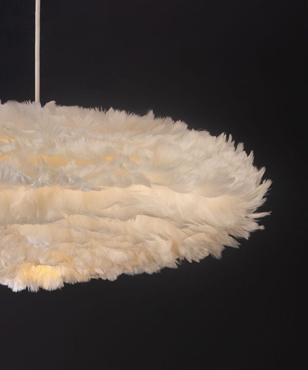 white esther umage feather pendant light on back blackground close up