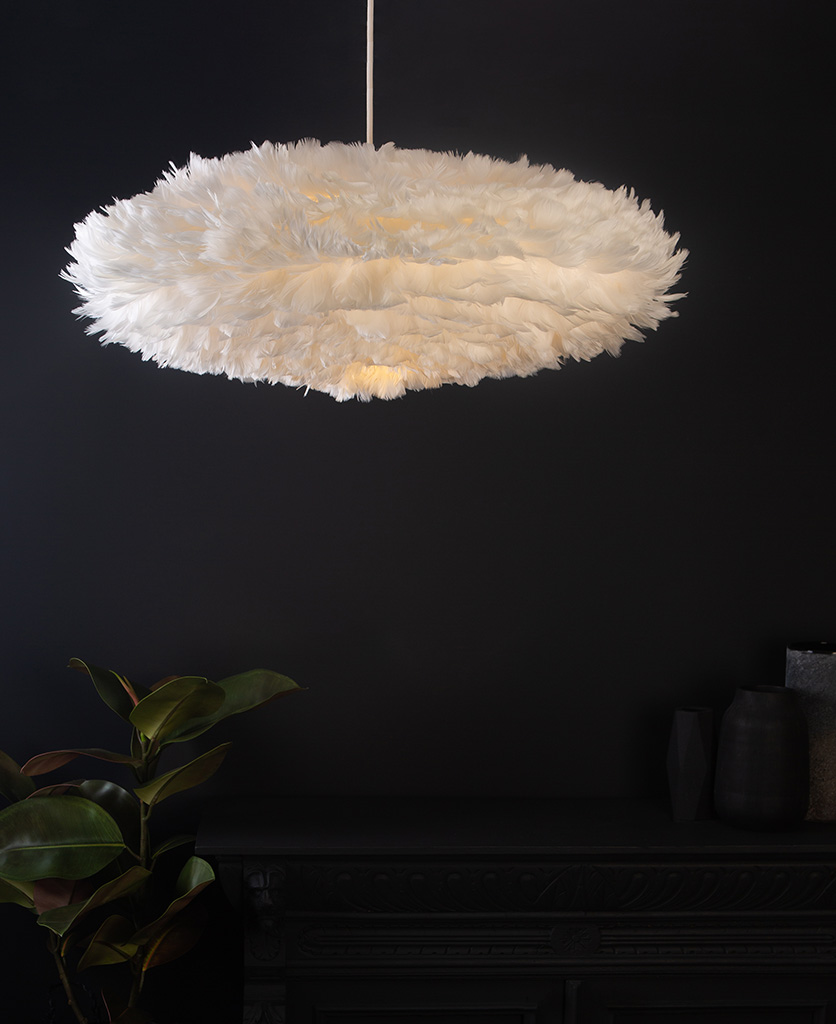 white esther umage feather pendant light on back blackground lifestyle