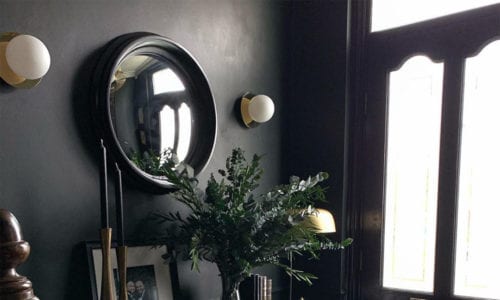 preserved eucalyptus in a glass vase in a black painted hallway