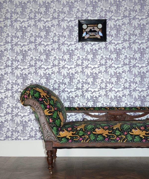 monkey puzzle tree lilac wallpaper with silver floral design