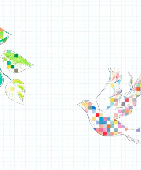 she chose science white wallpaper with light blue grid pattern and bird sketches