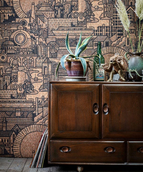 hit the north cork wallpaper lifestyle shot with dark wood cupboard