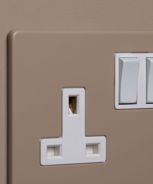 close up of caramel latte double plug socket with white insert on caramel latte background